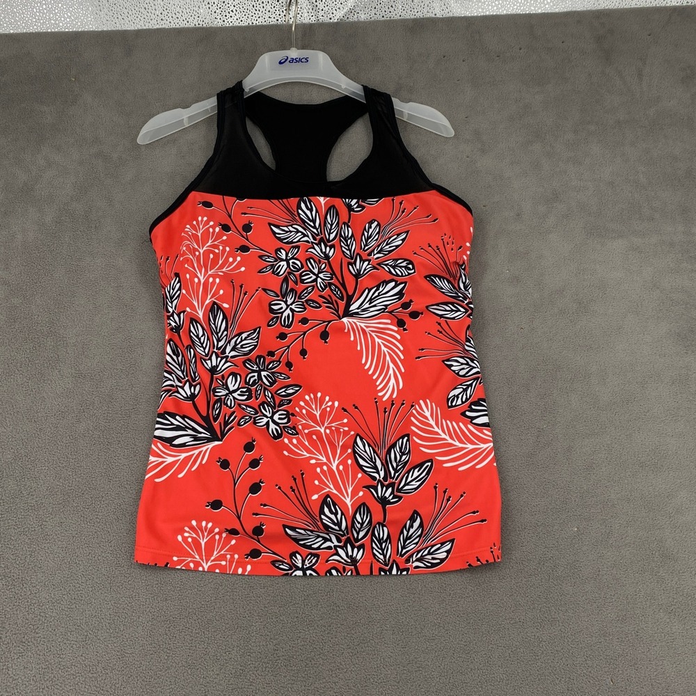 Asics‎ Womens Floral Racerback Activewear Tank Top Red Black Mesh Small